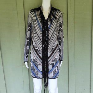 NIC + ZOE Blue Black Chevron Knit Fringe Cardigan XS